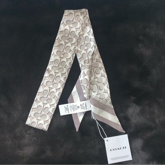 NEW! COACH Signature “C” Silk Twilly Skinny Scarf, Bone/Ivory, Brand New in Bag! - Picture 6 of 16
